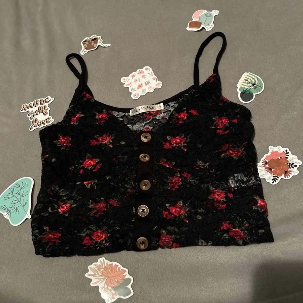 see through lace tank top with red flower details